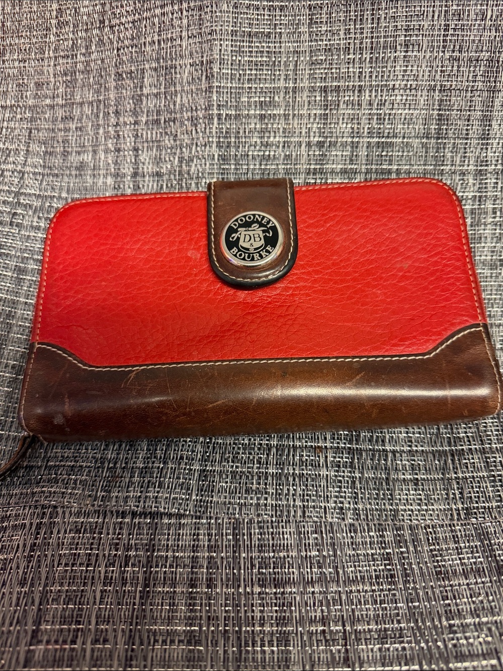 Dooney & Bourke Red and Brown Leather Zip Wallet with Logo Snap